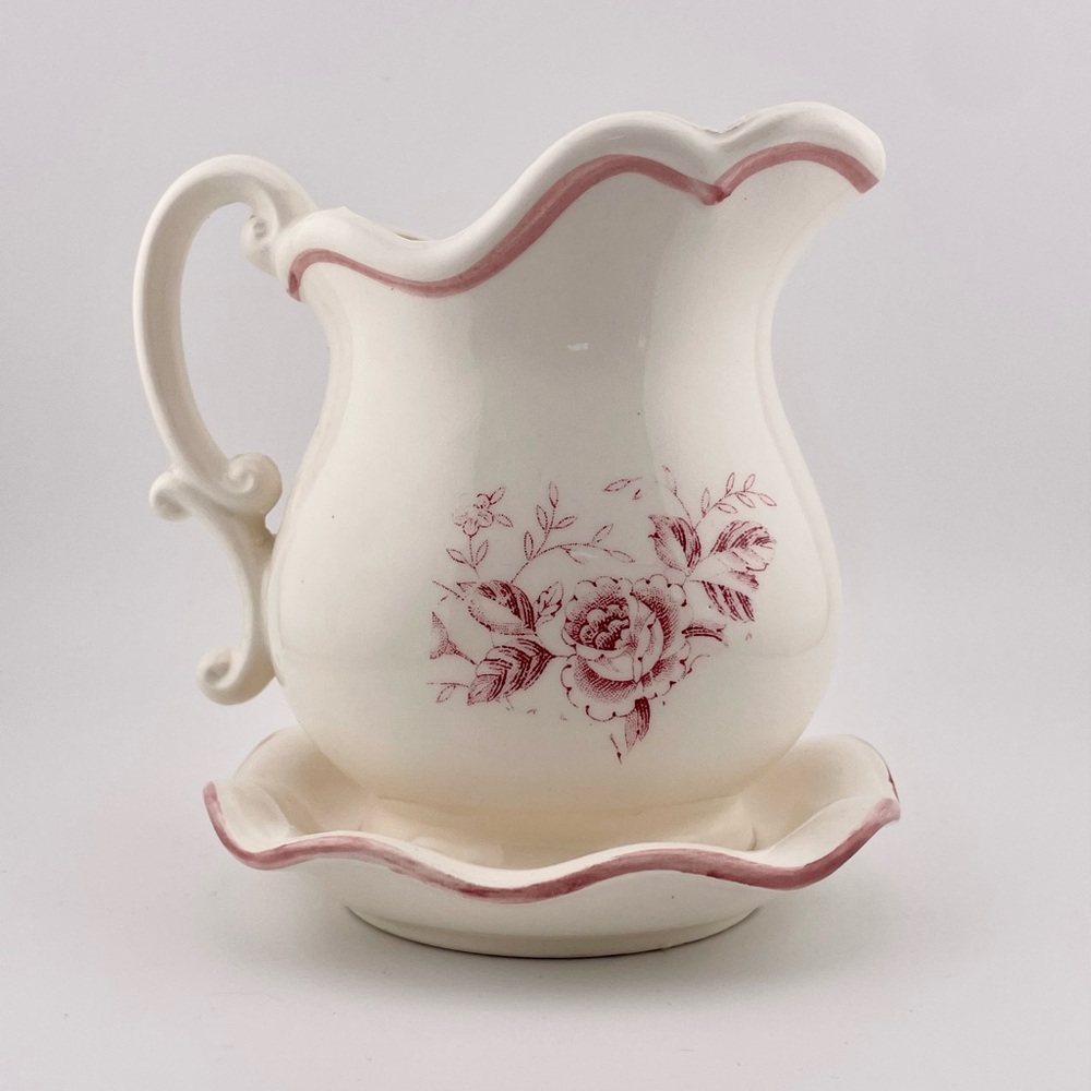 Vintage, Floral Pitcher with Attached Saucer - Stamped 'Japan'
